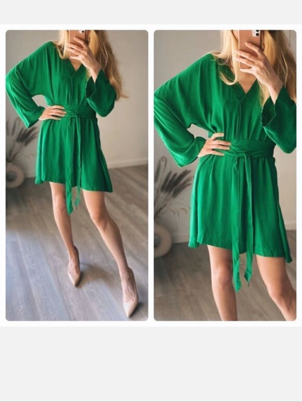 H&M Green V-Neck Tie-Waist Mini Dress